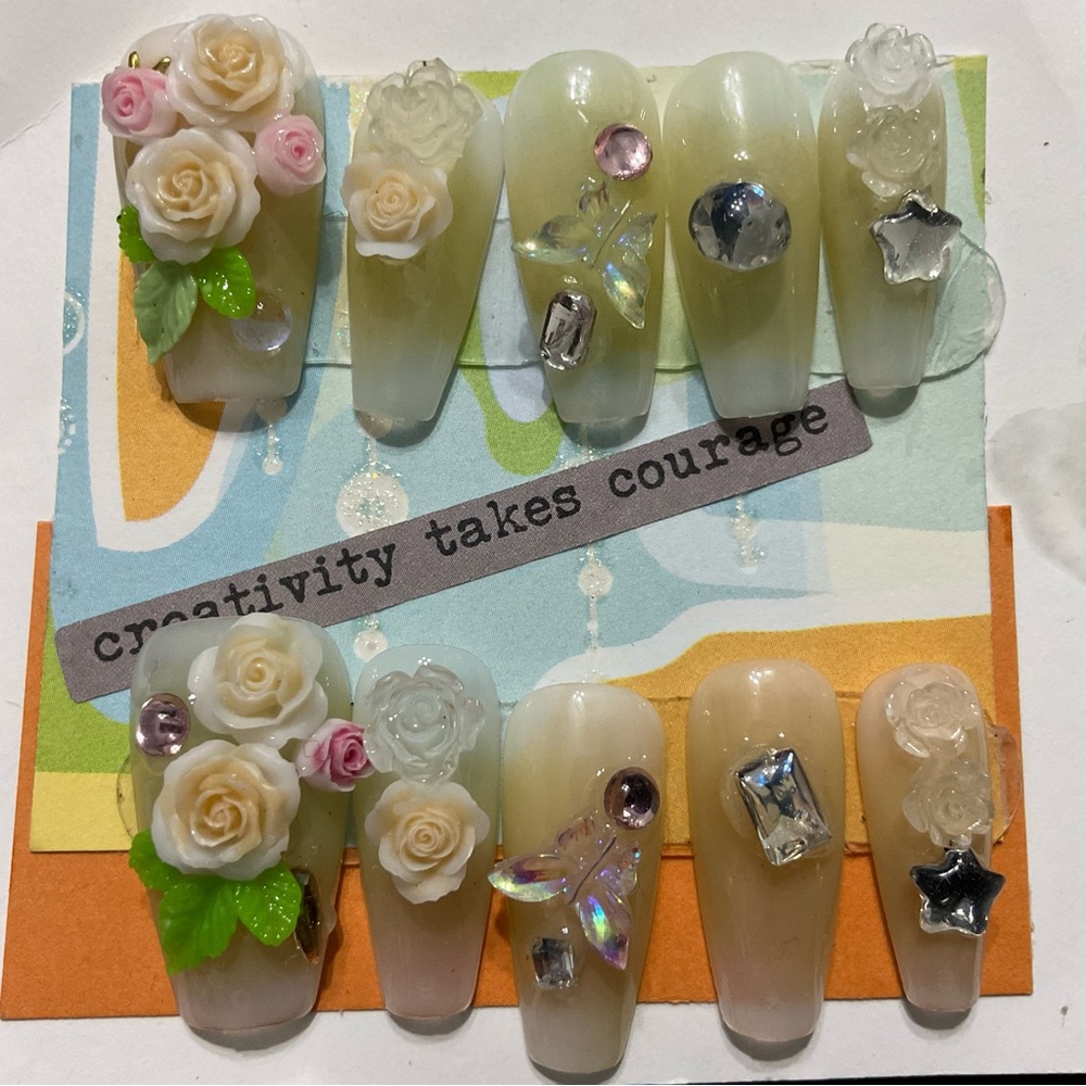 Floral & Gemstone Size Large Press On Nails Set - Lemon Peel Collection #063
